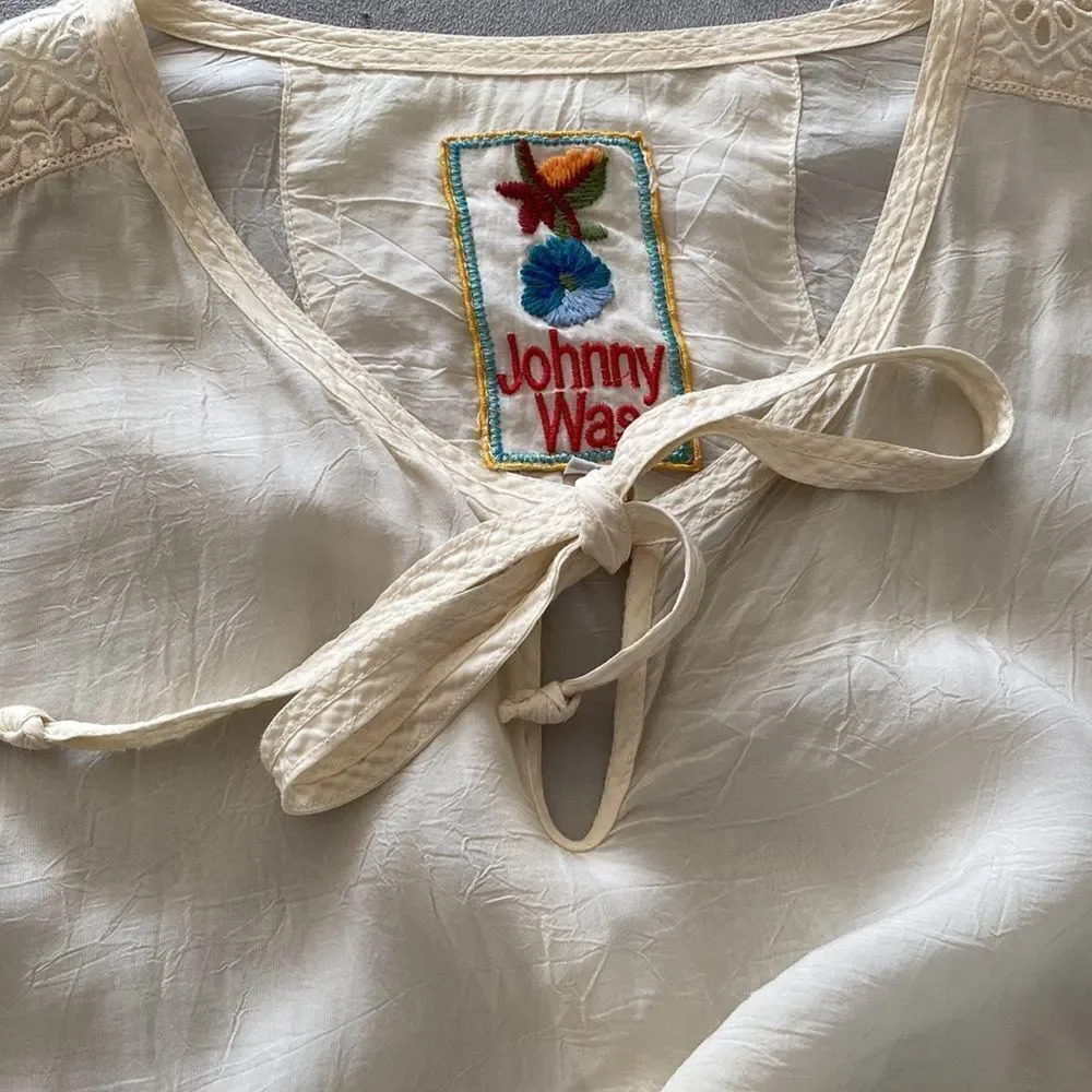 Johnny Was sz M sheer ivory long sleeve v neck w/ tie detail excellent condition - Picture 11 of 11
